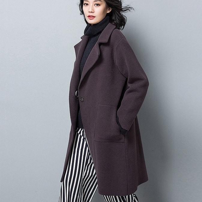 レディース　アウター　ウールコート　ミディ丈　ゆったり　無地　長袖　カジュアル　フリーサイズ　大人可愛い　フェミニン　オフィス　OL　通勤　防寒　秋冬　デート　お出かけ　デイリー　グレー　パープル　オリーブ　ブラック　送料無料