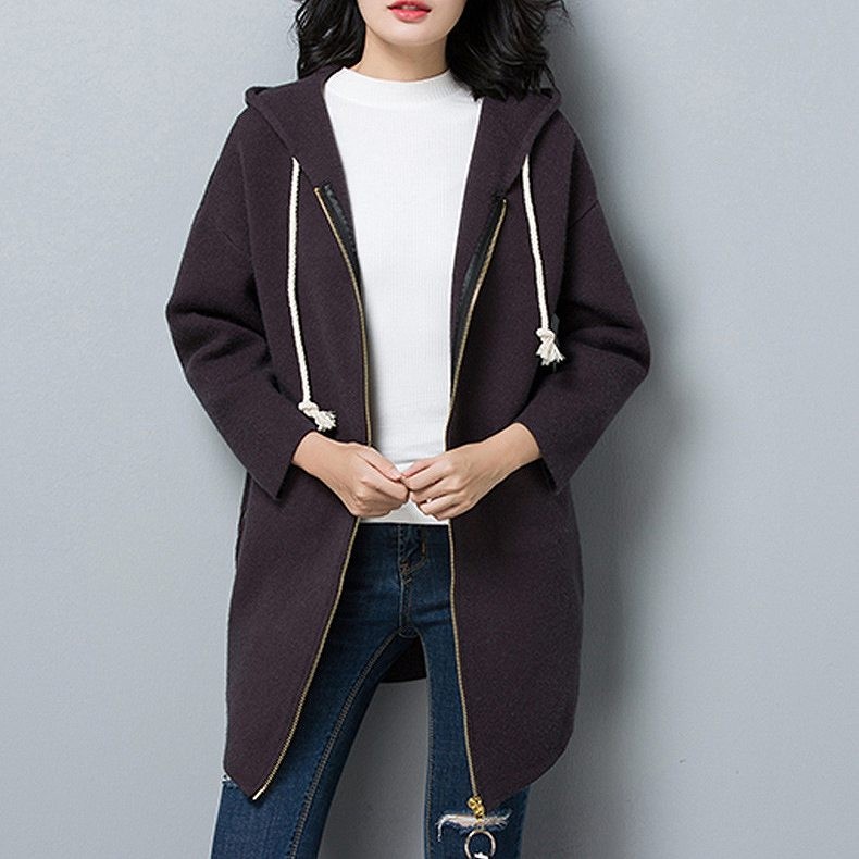 レディース　アウター　ウールコート　フード付き　ミディ丈　ジップアップ　ゆったり　無地　長袖　フリーサイズ　カジュアル　大人可愛い　フェミニン　オフィス　OL　通勤　防寒　秋冬　デート　お出かけ　デイリー　パープル　グレー　ブラック　送料無料