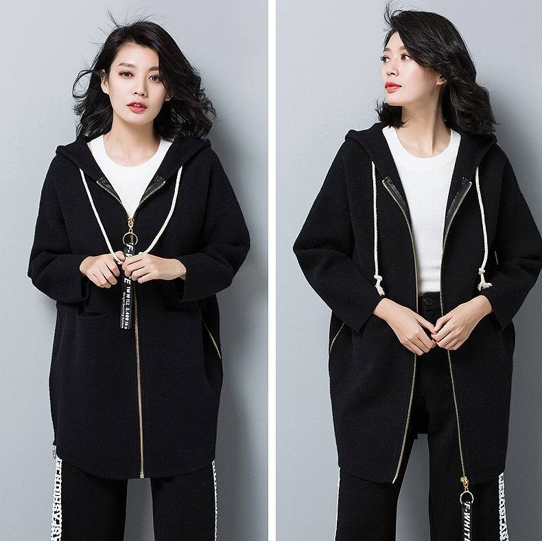 レディース　アウター　ウールコート　フード付き　ミディ丈　ジップアップ　ゆったり　無地　長袖　フリーサイズ　カジュアル　大人可愛い　フェミニン　オフィス　OL　通勤　防寒　秋冬　デート　お出かけ　デイリー　パープル　グレー　ブラック　送料無料