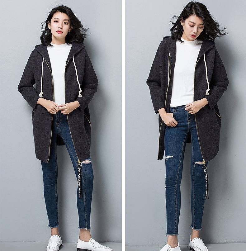 レディース　アウター　ウールコート　フード付き　ミディ丈　ジップアップ　ゆったり　無地　長袖　フリーサイズ　カジュアル　大人可愛い　フェミニン　オフィス　OL　通勤　防寒　秋冬　デート　お出かけ　デイリー　パープル　グレー　ブラック　送料無料