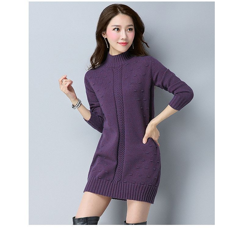 レディース　ニット　ワンピース　膝上丈　ジャカード　ハイネック　無地　長袖　フリーサイズ　カジュアル　大人可愛い　フェミニン　オフィス　OL　通勤　秋冬　デート　お出かけ　デイリー　オリーブ　オフホワイト　ピンク　パープル　バイオレット　送料無料