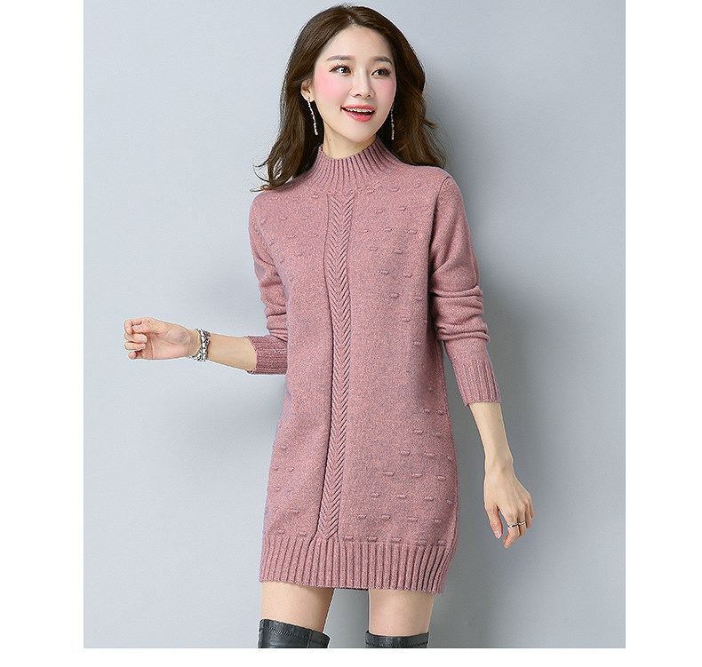 レディース　ニット　ワンピース　膝上丈　ジャカード　ハイネック　無地　長袖　フリーサイズ　カジュアル　大人可愛い　フェミニン　オフィス　OL　通勤　秋冬　デート　お出かけ　デイリー　オリーブ　オフホワイト　ピンク　パープル　バイオレット　送料無料