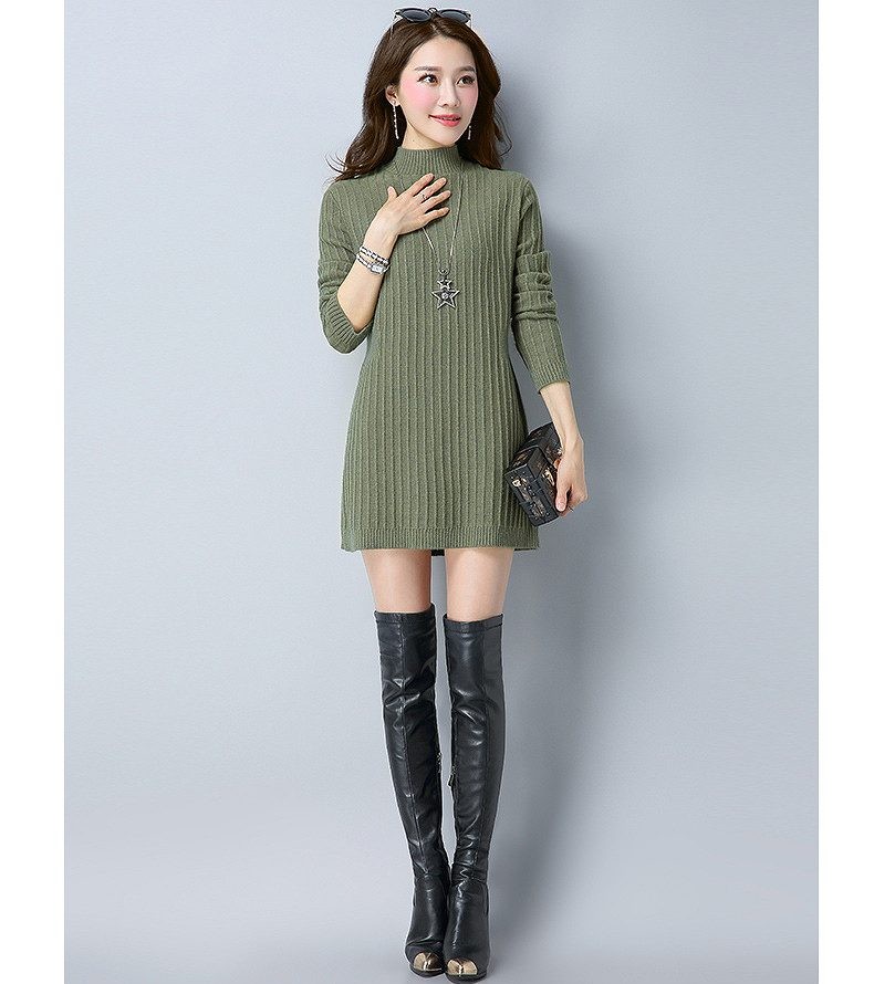 レディース　ニット　ワンピース　膝上丈　ハイネック　無地　長袖　フリーサイズ　カジュアル　大人可愛い　フェミニン　オフィス　OL　通勤　秋冬　デート　お出かけ　デイリー　グリーン　ブラック　ピンク　パープル　バイオレット　送料無料