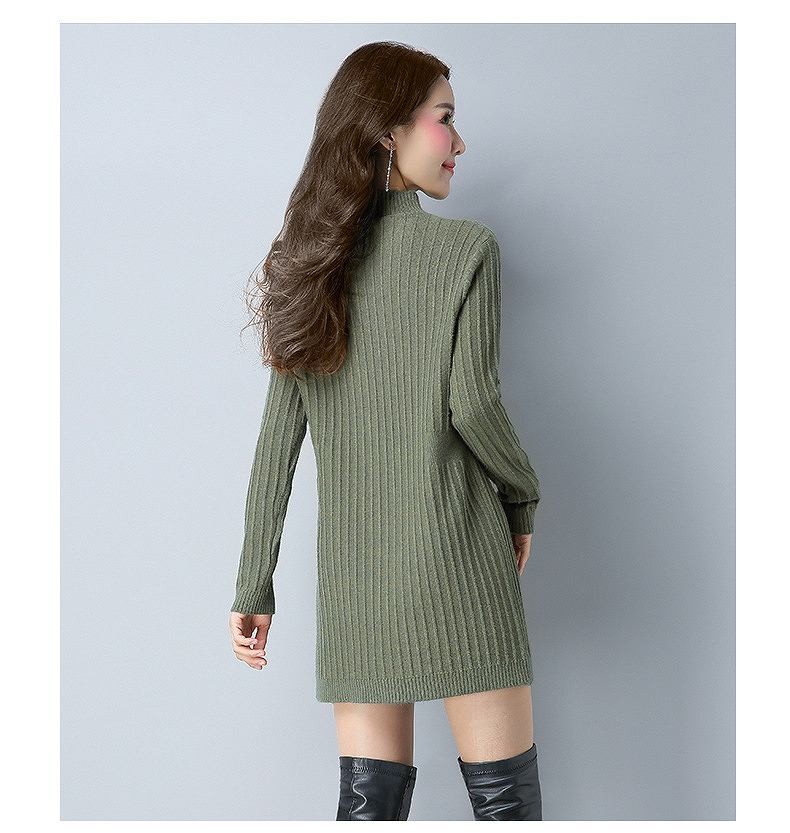 レディース　ニット　ワンピース　膝上丈　ハイネック　無地　長袖　フリーサイズ　カジュアル　大人可愛い　フェミニン　オフィス　OL　通勤　秋冬　デート　お出かけ　デイリー　グリーン　ブラック　ピンク　パープル　バイオレット　送料無料
