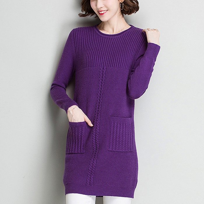 レディース　ニット　ワンピース　膝上丈　ポケット付き　クルーネック　無地　長袖　カジュアル　大人可愛い　フェミニン　オフィス　OL　通勤　秋冬　デート　お出かけ　デイリー　ホワイト　ワインレッド　グリーン　バイオレット　ブラック　送料無料