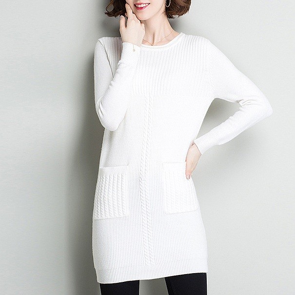 レディース　ニット　ワンピース　膝上丈　ポケット付き　クルーネック　無地　長袖　カジュアル　大人可愛い　フェミニン　オフィス　OL　通勤　秋冬　デート　お出かけ　デイリー　ホワイト　ワインレッド　グリーン　バイオレット　ブラック　送料無料