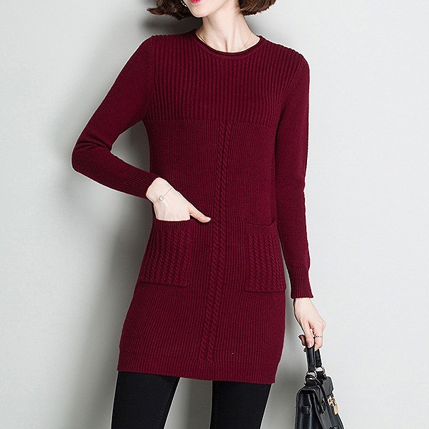 レディース　ニット　ワンピース　膝上丈　ポケット付き　クルーネック　無地　長袖　カジュアル　大人可愛い　フェミニン　オフィス　OL　通勤　秋冬　デート　お出かけ　デイリー　ホワイト　ワインレッド　グリーン　バイオレット　ブラック　送料無料