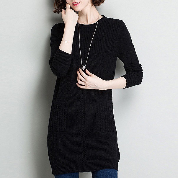 レディース　ニット　ワンピース　膝上丈　ポケット付き　クルーネック　無地　長袖　カジュアル　大人可愛い　フェミニン　オフィス　OL　通勤　秋冬　デート　お出かけ　デイリー　ホワイト　ワインレッド　グリーン　バイオレット　ブラック　送料無料