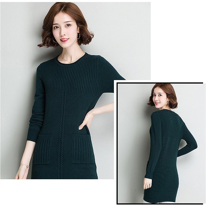 レディース　ニット　ワンピース　膝上丈　ポケット付き　クルーネック　無地　長袖　カジュアル　大人可愛い　フェミニン　オフィス　OL　通勤　秋冬　デート　お出かけ　デイリー　ホワイト　ワインレッド　グリーン　バイオレット　ブラック　送料無料