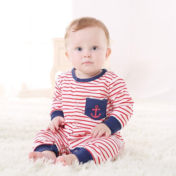 ベビー　キッズ　子供服　男　女　男の子　女の子　長袖　ロンパース　カバーオール　つなぎ　ボーダー　レッド　赤　ネイビー　紺　マリン　送料無料