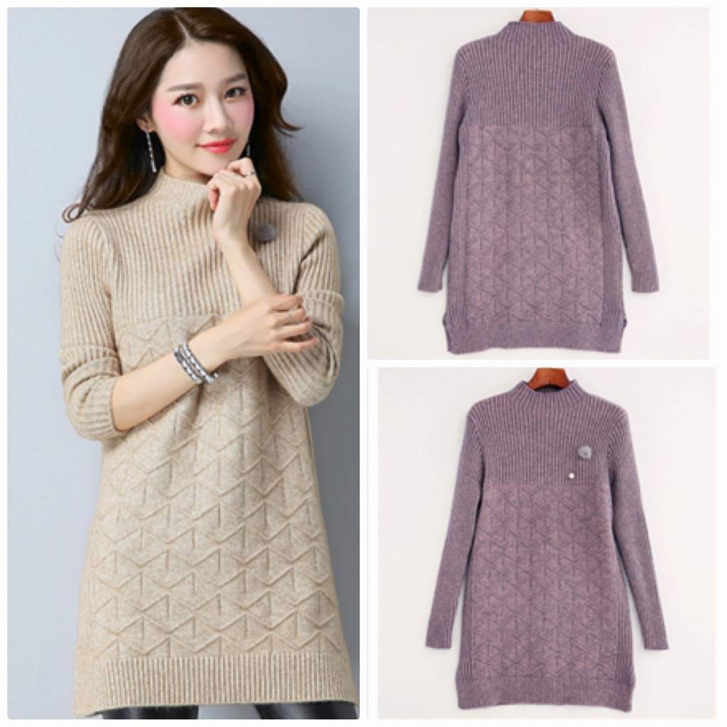 レディース　ニット　セーター　シングルネック　ロング丈　長袖　秋　冬　トップス　カジュアル　キュート　大人　可愛い　フェミニン　おしゃれ　お出かけ　デイリー　パープル　ベージュ　オリーブ　ブラック　黒　フリーサイズ　ワンサイズ　送料無料