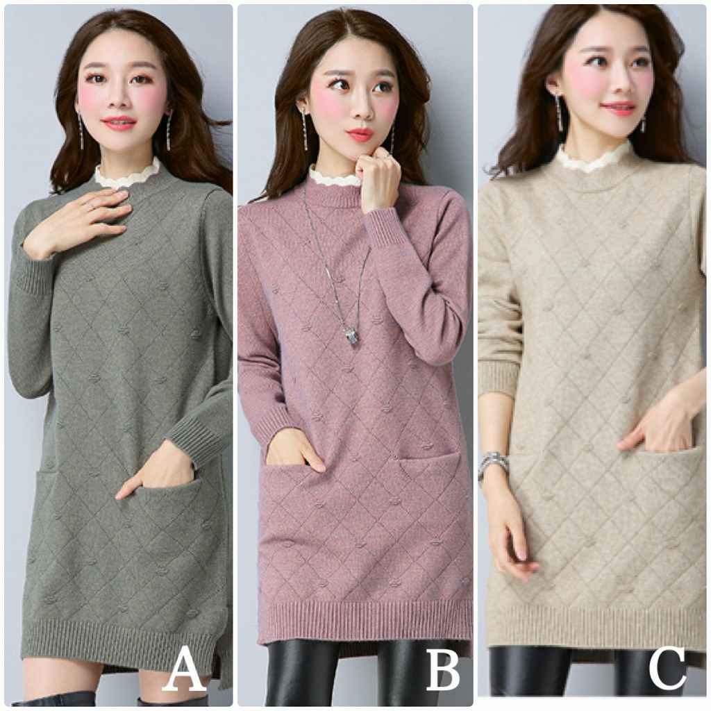 レディース　ニット　セーター　ロング丈　長袖　秋　冬　トップス　カジュアル　キュート　大人　可愛い　フェミニン　おしゃれ　お出かけ　デイリー　パープル　ベージュ　オリーブ　フリーサイズ　ワンサイズ　送料無料