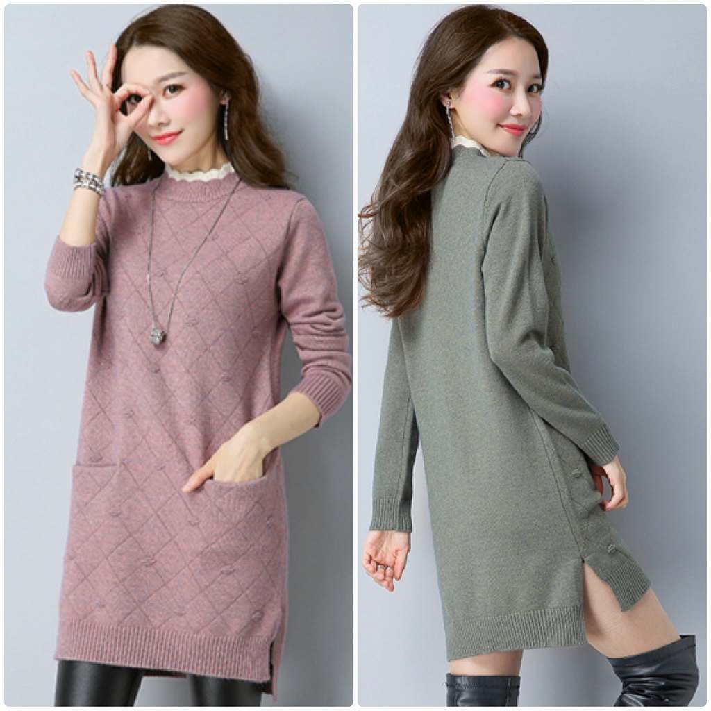 レディース　ニット　セーター　ロング丈　長袖　秋　冬　トップス　カジュアル　キュート　大人　可愛い　フェミニン　おしゃれ　お出かけ　デイリー　パープル　ベージュ　オリーブ　フリーサイズ　ワンサイズ　送料無料