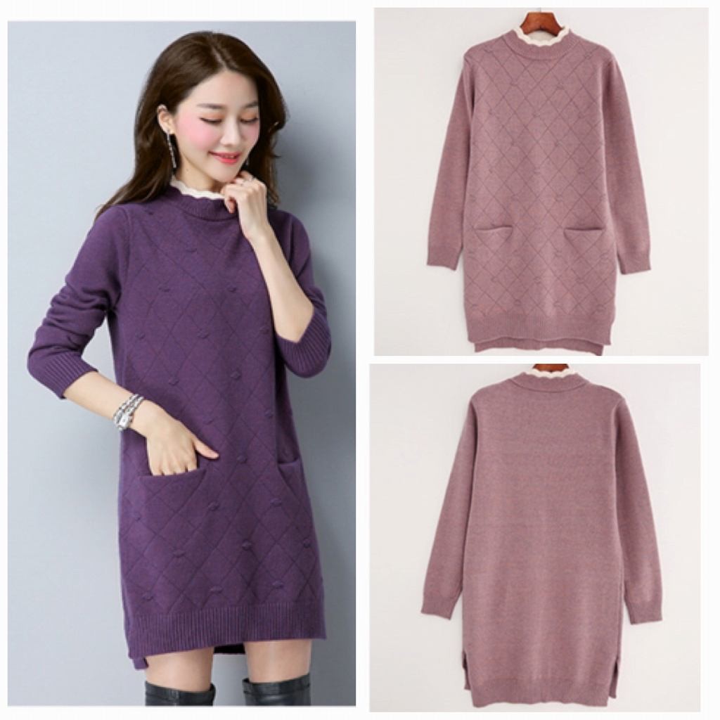 レディース　ニット　セーター　ロング丈　長袖　秋　冬　トップス　カジュアル　キュート　大人　可愛い　フェミニン　おしゃれ　お出かけ　デイリー　パープル　ベージュ　オリーブ　フリーサイズ　ワンサイズ　送料無料