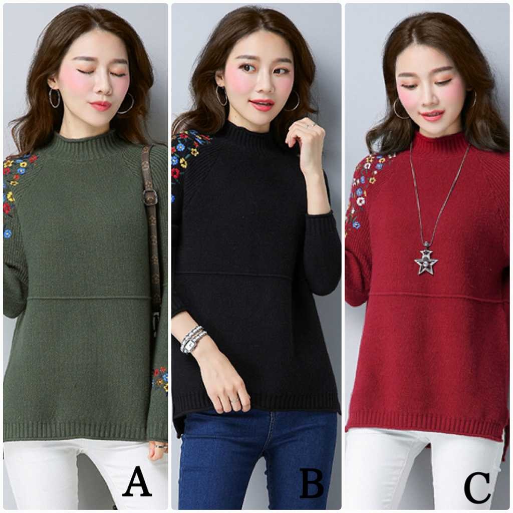 レディース　刺繍　花柄　ニット　セーター　シングルネック　ロング丈　長袖　秋　冬　トップス　カジュアル　キュート　大人　可愛い　フェミニン　おしゃれ　お出かけ　デイリー　ベージュ　オリーブ　ブラック　レッド　フリーサイズ　ワンサイズ　送料無料