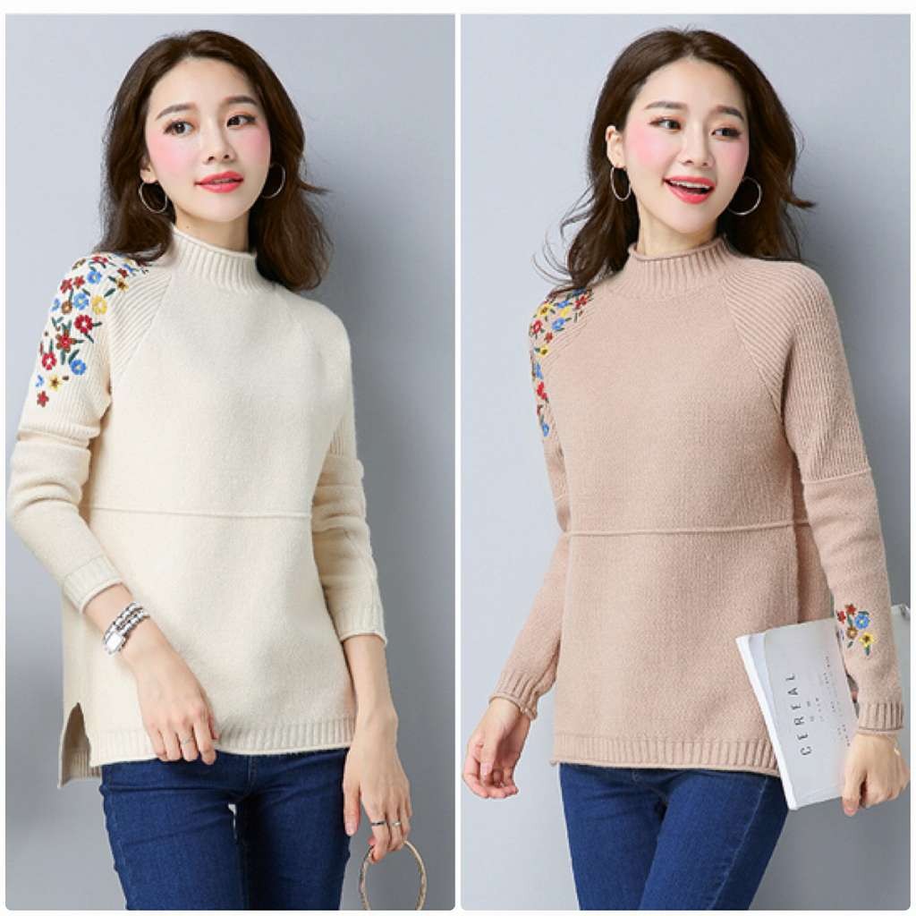レディース　刺繍　花柄　ニット　セーター　シングルネック　ロング丈　長袖　秋　冬　トップス　カジュアル　キュート　大人　可愛い　フェミニン　おしゃれ　お出かけ　デイリー　ベージュ　オリーブ　ブラック　レッド　フリーサイズ　ワンサイズ　送料無料
