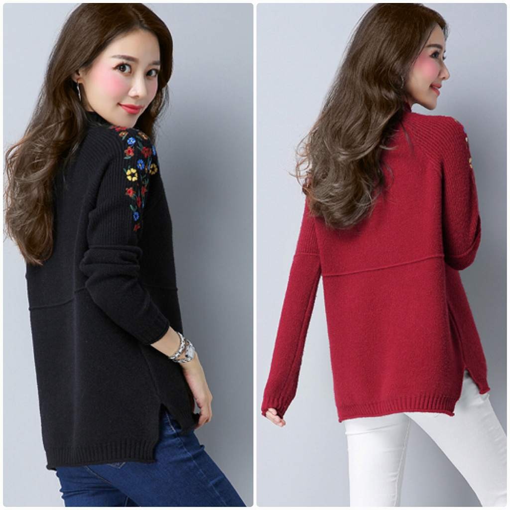 レディース　刺繍　花柄　ニット　セーター　シングルネック　ロング丈　長袖　秋　冬　トップス　カジュアル　キュート　大人　可愛い　フェミニン　おしゃれ　お出かけ　デイリー　ベージュ　オリーブ　ブラック　レッド　フリーサイズ　ワンサイズ　送料無料