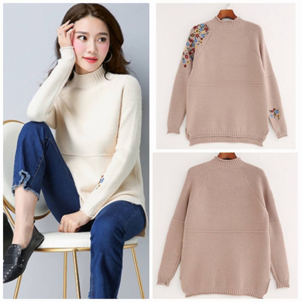 レディース　刺繍　花柄　ニット　セーター　シングルネック　ロング丈　長袖　秋　冬　トップス　カジュアル　キュート　大人　可愛い　フェミニン　おしゃれ　お出かけ　デイリー　ベージュ　オリーブ　ブラック　レッド　フリーサイズ　ワンサイズ　送料無料