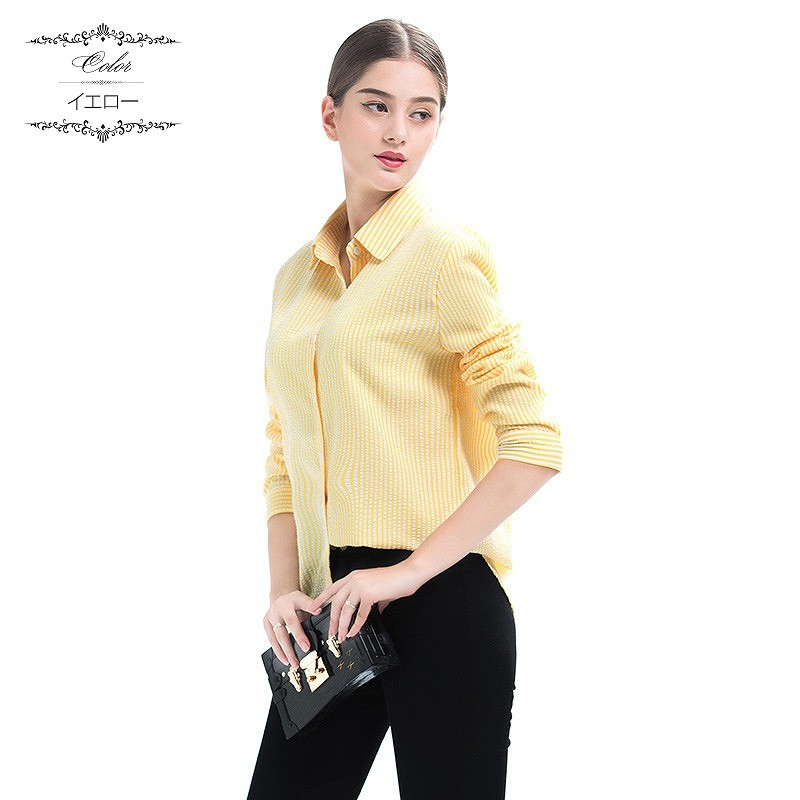 レディース　トップス　ストライプ　シャツ　ブラウス　長袖　大きいサイズ　カジュアル　大人可愛い　エレガント　清楚　上品　フェミニン　オフィス　OL　デート　お出かけ　デイリー　イエロー　ブルー　送料無料