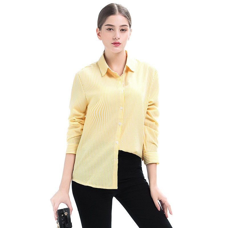 レディース　トップス　ストライプ　シャツ　ブラウス　長袖　大きいサイズ　カジュアル　大人可愛い　エレガント　清楚　上品　フェミニン　オフィス　OL　デート　お出かけ　デイリー　イエロー　ブルー　送料無料