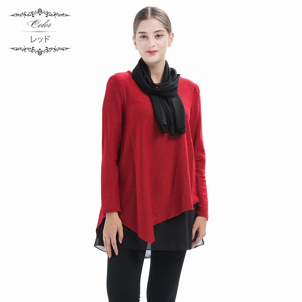 レディース　トップス　ニットソー　セーター　ニット　シフォン　スカーフ付き　無地　ラウンドネック　長袖　大きいサイズ　カジュアル　大人可愛い　オフィス　学生　デート　お出かけ　デイリー　レッド　グレー　送料無料