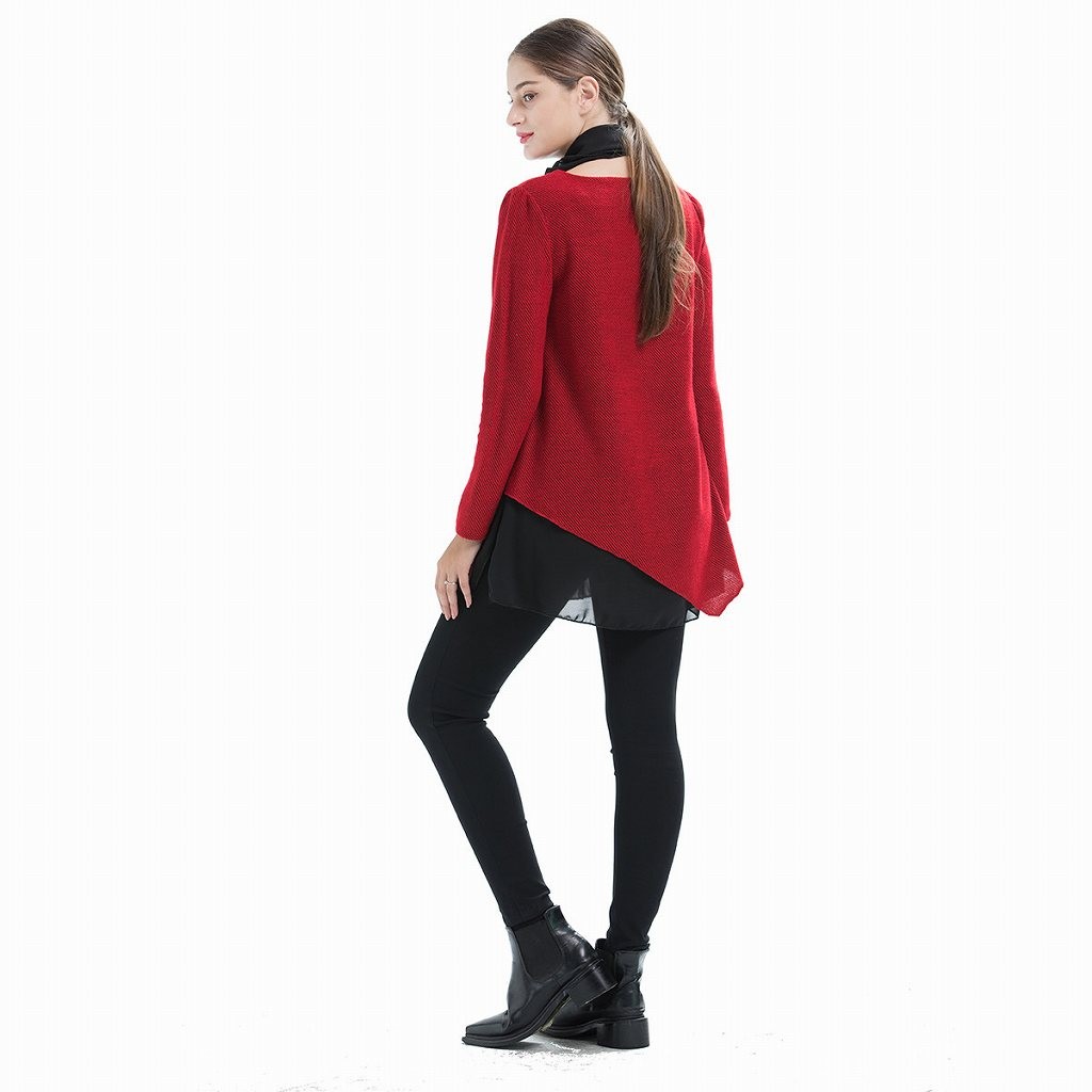 レディース　トップス　ニットソー　セーター　ニット　シフォン　スカーフ付き　無地　ラウンドネック　長袖　大きいサイズ　カジュアル　大人可愛い　オフィス　学生　デート　お出かけ　デイリー　レッド　グレー　送料無料