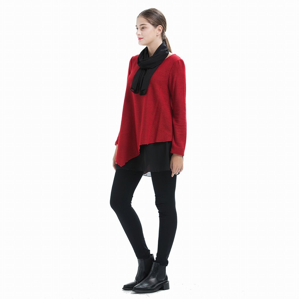 レディース　トップス　ニットソー　セーター　ニット　シフォン　スカーフ付き　無地　ラウンドネック　長袖　大きいサイズ　カジュアル　大人可愛い　オフィス　学生　デート　お出かけ　デイリー　レッド　グレー　送料無料