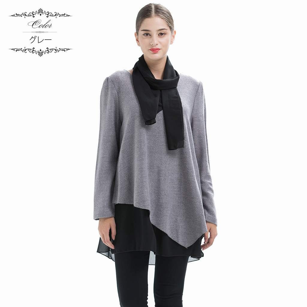 レディース　トップス　ニットソー　セーター　ニット　シフォン　スカーフ付き　無地　ラウンドネック　長袖　大きいサイズ　カジュアル　大人可愛い　オフィス　学生　デート　お出かけ　デイリー　レッド　グレー　送料無料