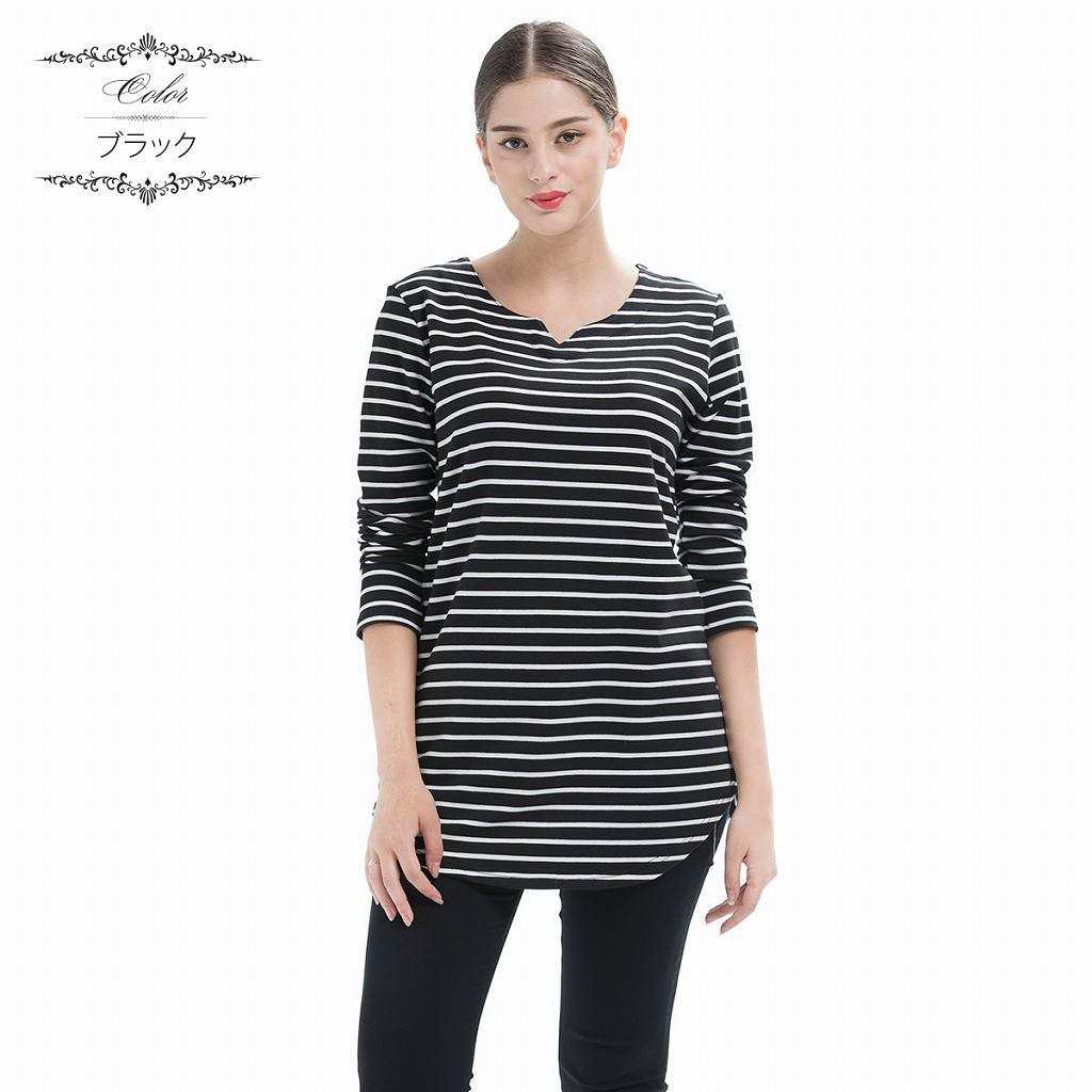レディース　ボーダー　ロングTシャツ　ロンT　ラウンドネック　切り込み　長袖　ロングスリーブ　トップス　カジュアル　キュート　大人　可愛い　フェミニン　セクシー　おしゃれ　お出かけ　デイリー　ブラック　レッド　L　XL　2XL　3XL　4XL　大きいサイズ　送料無料