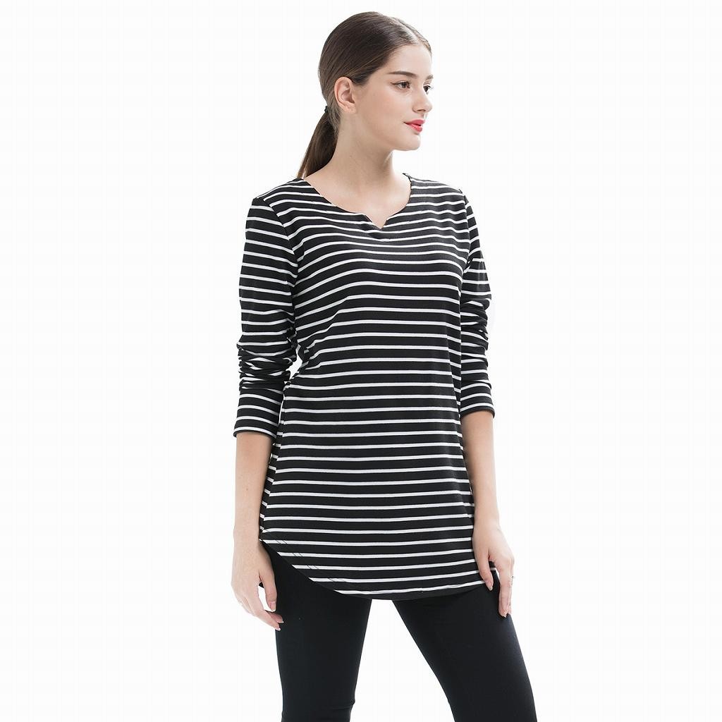 レディース　ボーダー　ロングTシャツ　ロンT　ラウンドネック　切り込み　長袖　ロングスリーブ　トップス　カジュアル　キュート　大人　可愛い　フェミニン　セクシー　おしゃれ　お出かけ　デイリー　ブラック　レッド　L　XL　2XL　3XL　4XL　大きいサイズ　送料無料