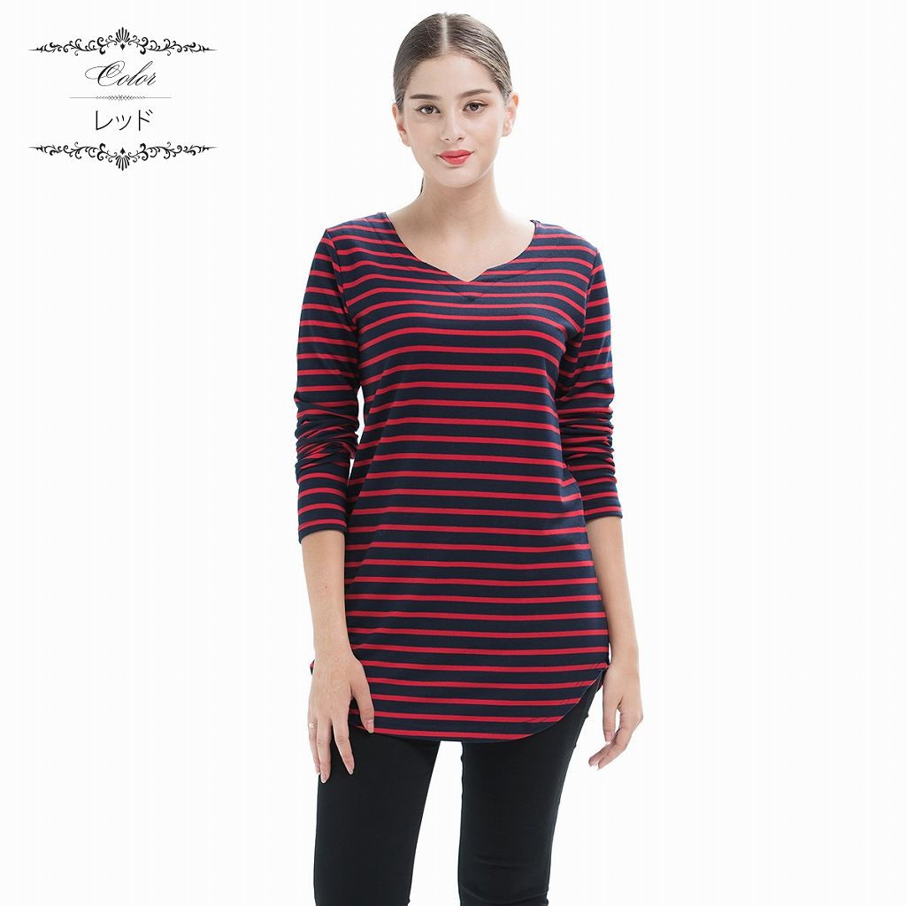 レディース　ボーダー　ロングTシャツ　ロンT　ラウンドネック　切り込み　長袖　ロングスリーブ　トップス　カジュアル　キュート　大人　可愛い　フェミニン　セクシー　おしゃれ　お出かけ　デイリー　ブラック　レッド　L　XL　2XL　3XL　4XL　大きいサイズ　送料無料