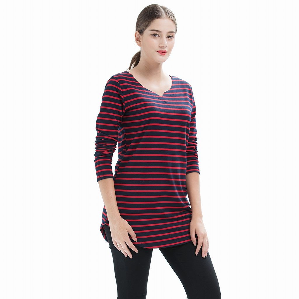 レディース　ボーダー　ロングTシャツ　ロンT　ラウンドネック　切り込み　長袖　ロングスリーブ　トップス　カジュアル　キュート　大人　可愛い　フェミニン　セクシー　おしゃれ　お出かけ　デイリー　ブラック　レッド　L　XL　2XL　3XL　4XL　大きいサイズ　送料無料