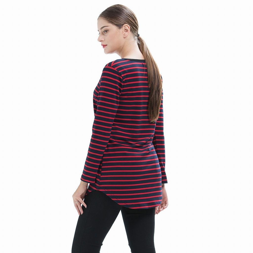 レディース　ボーダー　ロングTシャツ　ロンT　ラウンドネック　切り込み　長袖　ロングスリーブ　トップス　カジュアル　キュート　大人　可愛い　フェミニン　セクシー　おしゃれ　お出かけ　デイリー　ブラック　レッド　L　XL　2XL　3XL　4XL　大きいサイズ　送料無料