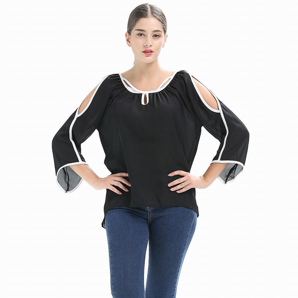 レディース　シフォン　ブラウス　ショルダーカット　ロングシャツ　長袖　ロングスリーブ　トップス　カジュアル　キュート　大人　可愛い　フェミニン　セクシー　おしゃれ　お出かけ　デイリー　ブラック　グリーン　S　M　L　XL　サイズ　送料無料