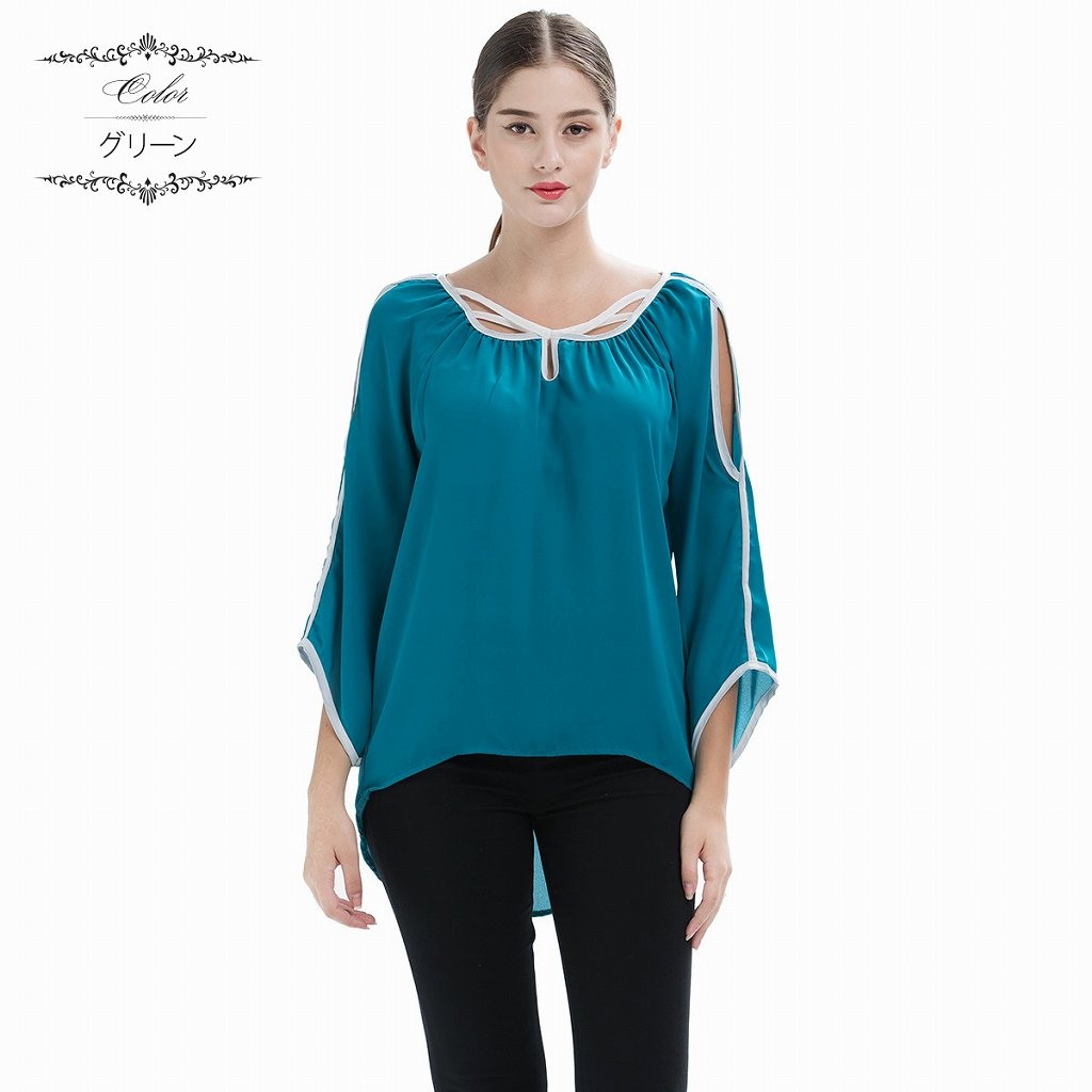 レディース　シフォン　ブラウス　ショルダーカット　ロングシャツ　長袖　ロングスリーブ　トップス　カジュアル　キュート　大人　可愛い　フェミニン　セクシー　おしゃれ　お出かけ　デイリー　ブラック　グリーン　S　M　L　XL　サイズ　送料無料
