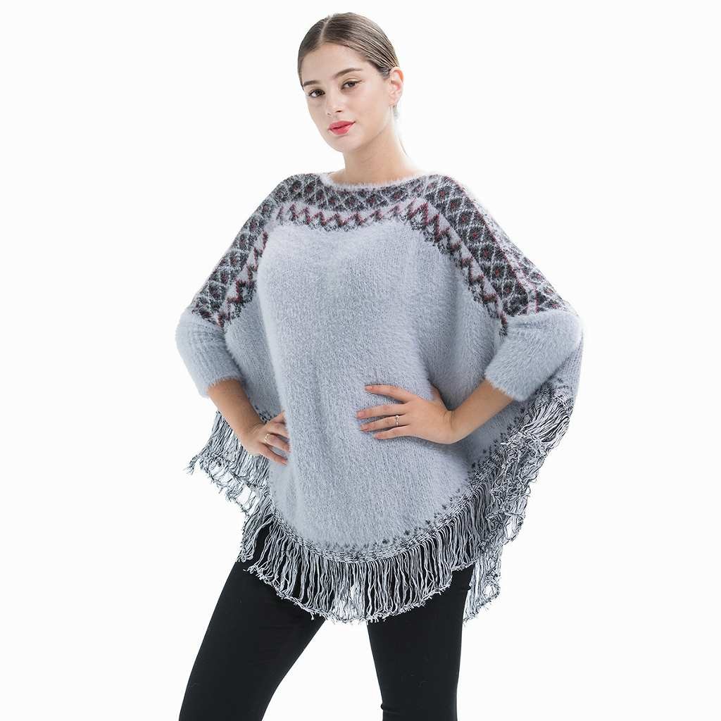 レディース　ニット　セーター　フリンジ　ポンチョ　ボートネック　長袖　ロングスリーブ　秋　冬　トップス　カジュアル　キュート　大人　可愛い　フェミニン　おしゃれ　お出かけ　デイリー　ホワイト　ブルー　フリーサイズ　ワンサイズ　送料無料