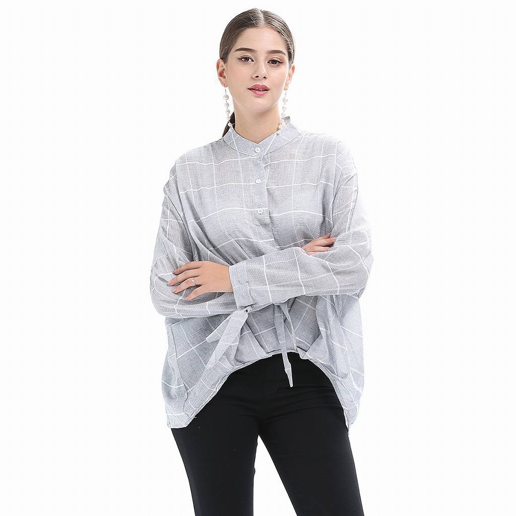 レディース　スタンドカラー　ブラウス　プルオーバー　ロングシャツ　長袖　ロングスリーブ　トップス　カジュアル　キュート　大人　可愛い　フェミニン　セクシー　おしゃれ　お出かけ　デイリー　グレー　灰色　S　M　L　サイズ　送料無料