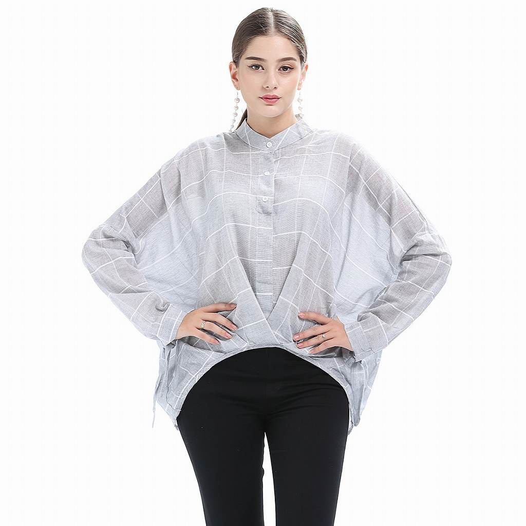 レディース　スタンドカラー　ブラウス　プルオーバー　ロングシャツ　長袖　ロングスリーブ　トップス　カジュアル　キュート　大人　可愛い　フェミニン　セクシー　おしゃれ　お出かけ　デイリー　グレー　灰色　S　M　L　サイズ　送料無料