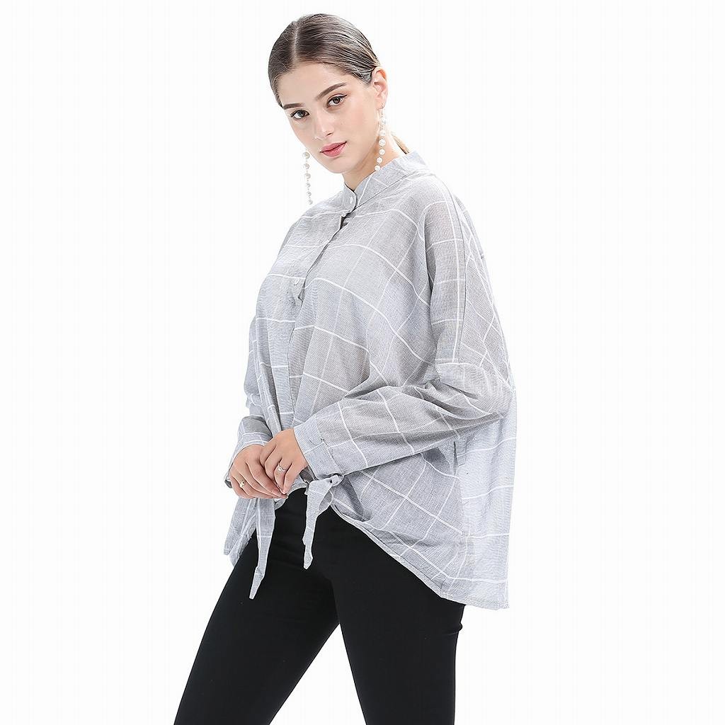 レディース　スタンドカラー　ブラウス　プルオーバー　ロングシャツ　長袖　ロングスリーブ　トップス　カジュアル　キュート　大人　可愛い　フェミニン　セクシー　おしゃれ　お出かけ　デイリー　グレー　灰色　S　M　L　サイズ　送料無料