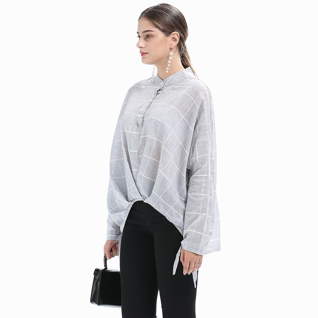 レディース　スタンドカラー　ブラウス　プルオーバー　ロングシャツ　長袖　ロングスリーブ　トップス　カジュアル　キュート　大人　可愛い　フェミニン　セクシー　おしゃれ　お出かけ　デイリー　グレー　灰色　S　M　L　サイズ　送料無料