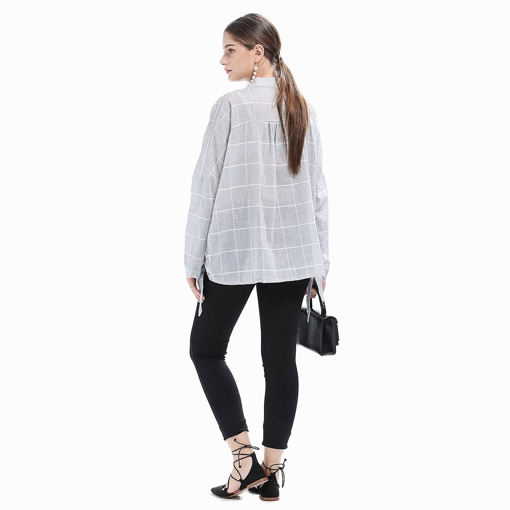 レディース　スタンドカラー　ブラウス　プルオーバー　ロングシャツ　長袖　ロングスリーブ　トップス　カジュアル　キュート　大人　可愛い　フェミニン　セクシー　おしゃれ　お出かけ　デイリー　グレー　灰色　S　M　L　サイズ　送料無料