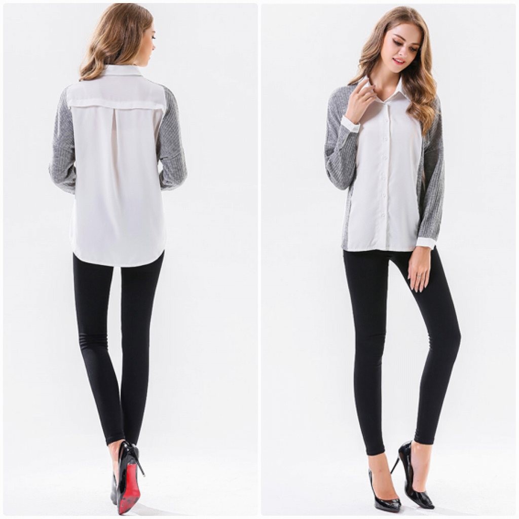 レディース　ニット　セーター　シャツ　ブラウス　切り替えし　長袖　ロングスリーブ　秋　冬　トップス　カジュアル　キュート　大人　可愛い　フェミニン　おしゃれ　お出かけ　デイリー　グレー　灰色　S　M　L　XL　サイズ　送料無料