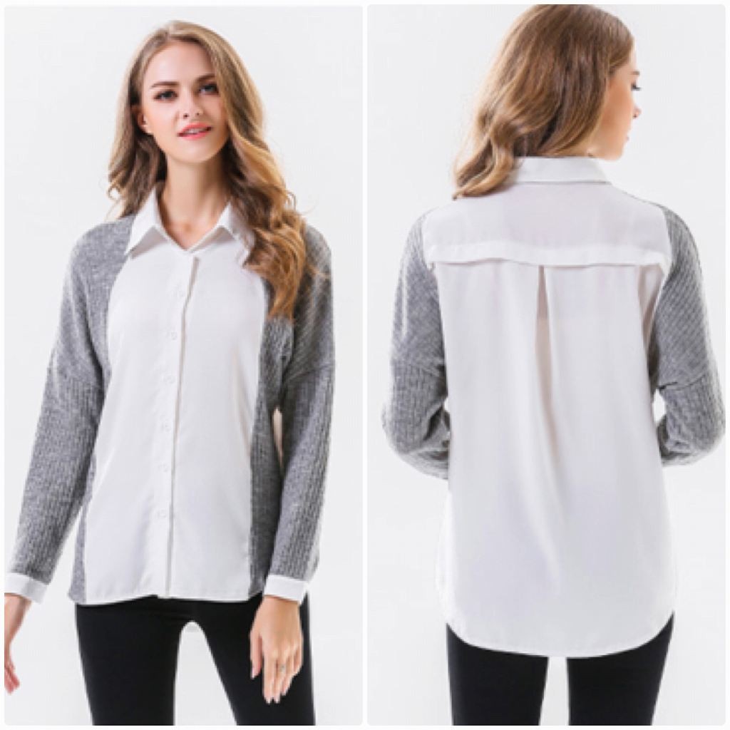 レディース　ニット　セーター　シャツ　ブラウス　切り替えし　長袖　ロングスリーブ　秋　冬　トップス　カジュアル　キュート　大人　可愛い　フェミニン　おしゃれ　お出かけ　デイリー　グレー　灰色　S　M　L　XL　サイズ　送料無料