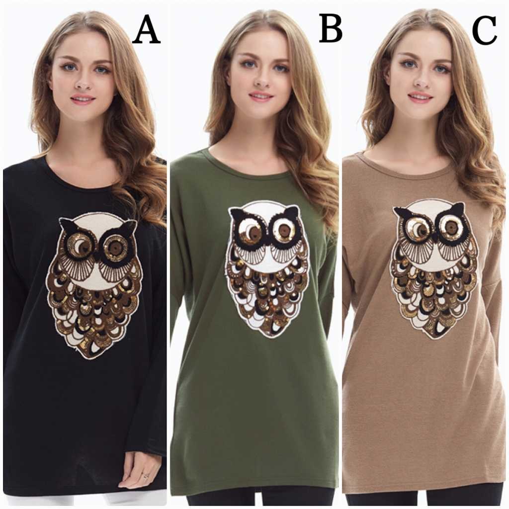 レディース　フクロウ　プリント　ロングTシャツ　ロンT　ラウンドネック　長袖　ロングスリーブ　トップス　カジュアル　大人　可愛い　フェミニン　デイリー　ブラック　オリーブ　カーキ　M　L　XL　2XL　3XL　4XL　5XL　大きいサイズ　送料無料