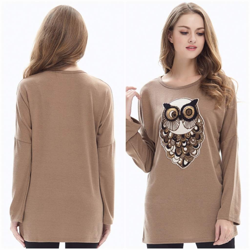 レディース　フクロウ　プリント　ロングTシャツ　ロンT　ラウンドネック　長袖　ロングスリーブ　トップス　カジュアル　大人　可愛い　フェミニン　デイリー　ブラック　オリーブ　カーキ　M　L　XL　2XL　3XL　4XL　5XL　大きいサイズ　送料無料
