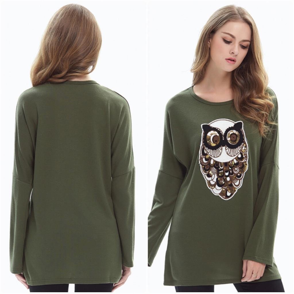 レディース　フクロウ　プリント　ロングTシャツ　ロンT　ラウンドネック　長袖　ロングスリーブ　トップス　カジュアル　大人　可愛い　フェミニン　デイリー　ブラック　オリーブ　カーキ　M　L　XL　2XL　3XL　4XL　5XL　大きいサイズ　送料無料