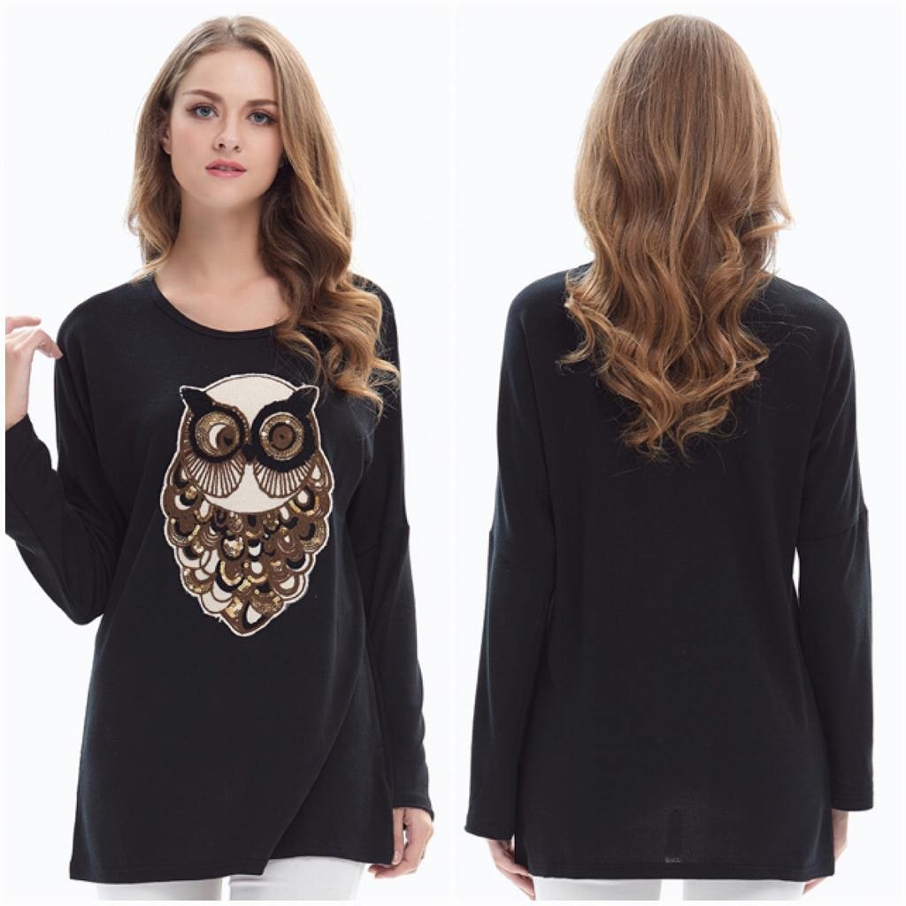 レディース　フクロウ　プリント　ロングTシャツ　ロンT　ラウンドネック　長袖　ロングスリーブ　トップス　カジュアル　大人　可愛い　フェミニン　デイリー　ブラック　オリーブ　カーキ　M　L　XL　2XL　3XL　4XL　5XL　大きいサイズ　送料無料