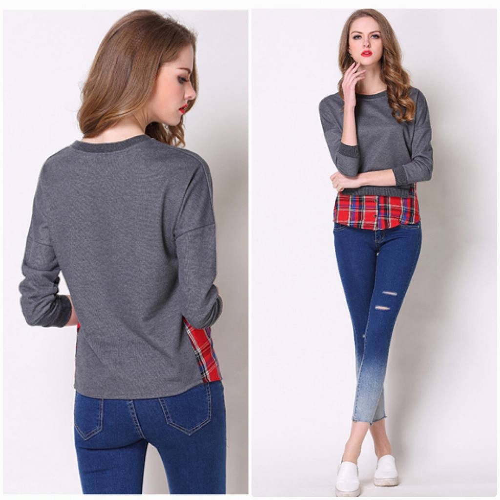 レディース　ロングTシャツ　ロンT　チェック柄　シャツ　ラウンドネック　七分袖　トップス　カジュアル　大人　可愛い　フェミニン　おしゃれ　お出かけ　デイリー　グレー　ダークグレー　灰色　S　M　L　XL　2XL　3XL　4XL　5XL　大きいサイズ　送料無料