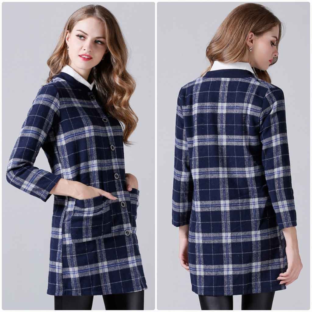 レディース　ラウンドネック　ウール　コート　チェック柄　ジャケット　秋　冬　アウター　カジュアル　長袖　大人　可愛い　フェミニン　おしゃれ　お出かけ　お呼ばれ　デイリー　レッド　ネイビー　赤　紺色　M　L　XL　2XL　3XL　大きいサイズ　送料無料