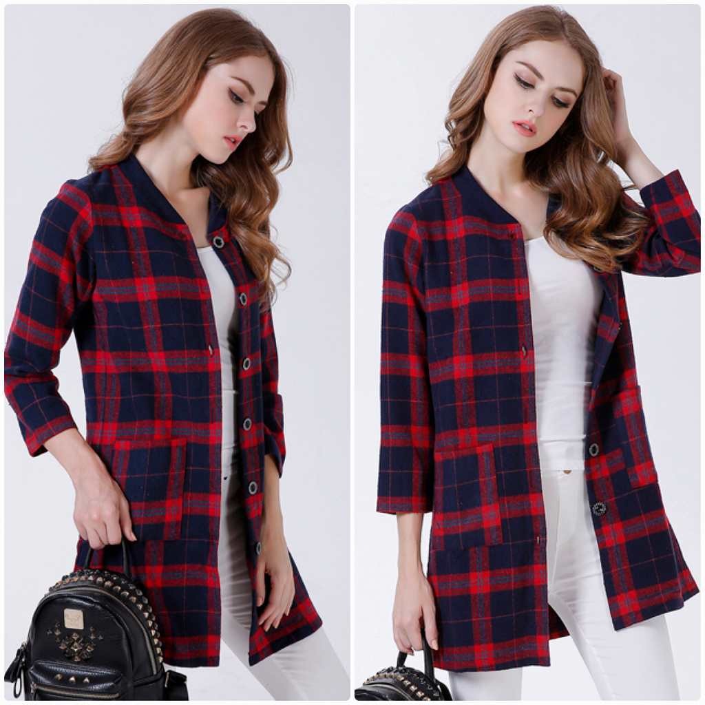 レディース　ラウンドネック　ウール　コート　チェック柄　ジャケット　秋　冬　アウター　カジュアル　長袖　大人　可愛い　フェミニン　おしゃれ　お出かけ　お呼ばれ　デイリー　レッド　ネイビー　赤　紺色　M　L　XL　2XL　3XL　大きいサイズ　送料無料